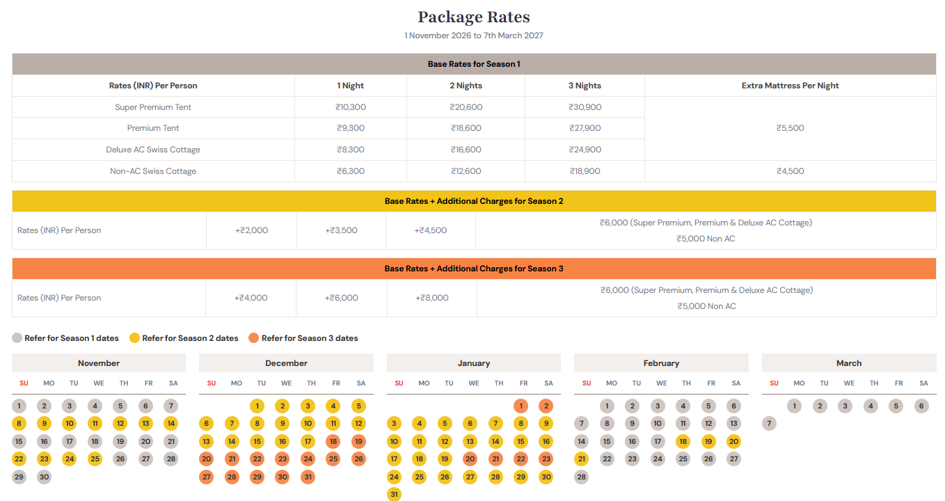 Rann Utsav 2026-27 season calendar from November 2026 to March 2027 showing Season 1, 2 and 3 dates